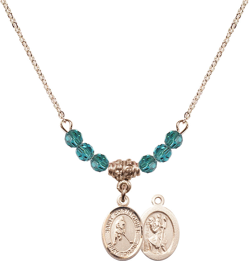14kt Gold Filled Saint Christopher/Ice Hockey Birthstone Necklace with Zircon Beads - 9155