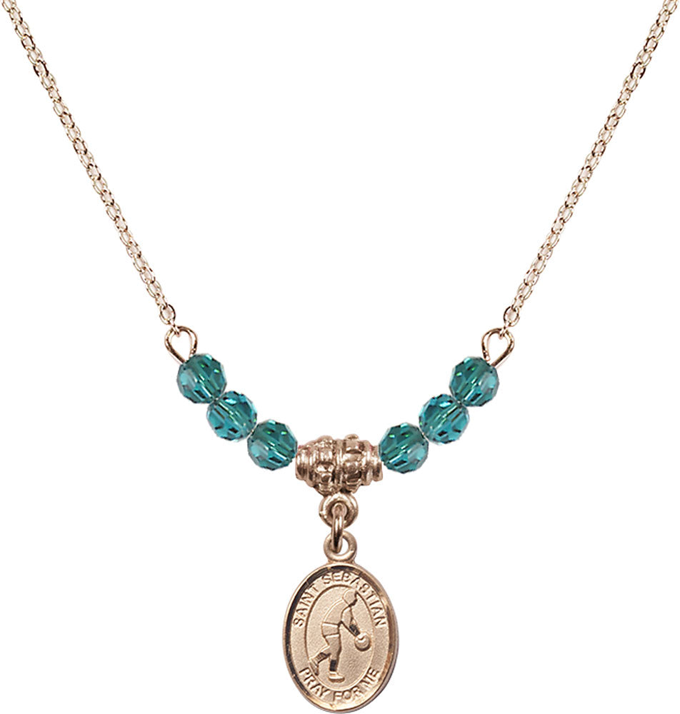 14kt Gold Filled Saint Sebastian/Basketball Birthstone Necklace with Zircon Beads - 9163