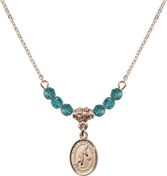 14kt Gold Filled Saint Sebastian/Basketball Birthstone Necklace with Zircon Beads - 9163