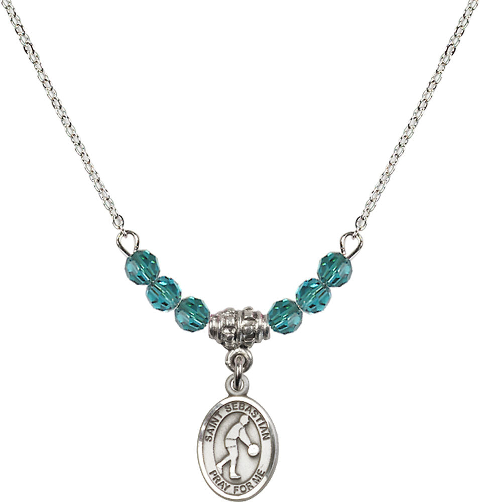 Sterling Silver Saint Sebastian/Basketball Birthstone Necklace with Zircon Beads - 9163