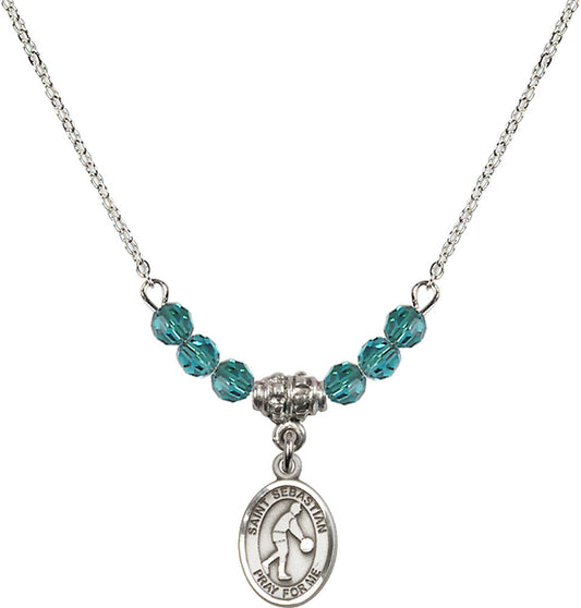 Sterling Silver Saint Sebastian/Basketball Birthstone Necklace with Zircon Beads - 9163