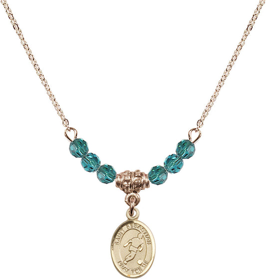 14kt Gold Filled Saint Sebastian/Soccer Birthstone Necklace with Zircon Beads - 9164