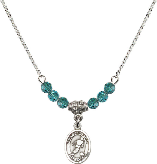 Sterling Silver Saint Sebastian/Soccer Birthstone Necklace with Zircon Beads - 9164