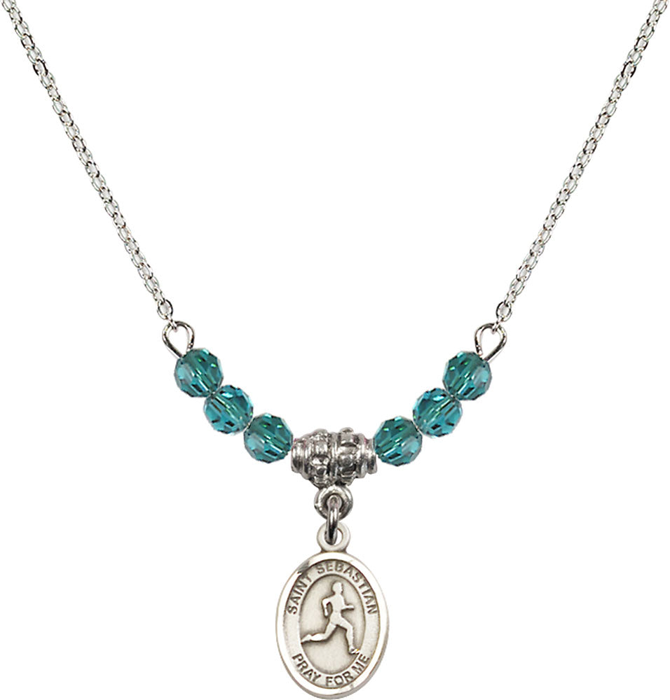 Sterling Silver Saint Sebastian/Track & Field Birthstone Necklace with Zircon Beads - 9176