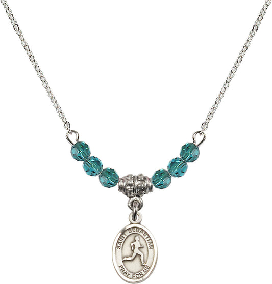 Sterling Silver Saint Sebastian/Track & Field Birthstone Necklace with Zircon Beads - 9176