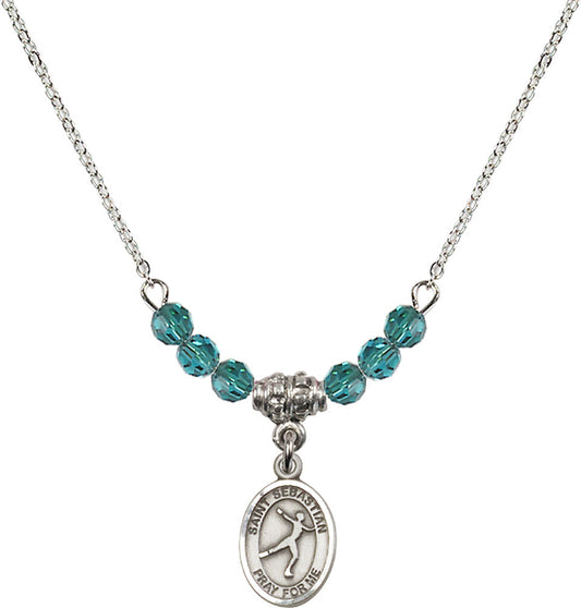 Sterling Silver Saint Sebastian/Figure Skating Birthstone Necklace with Zircon Beads - 9177