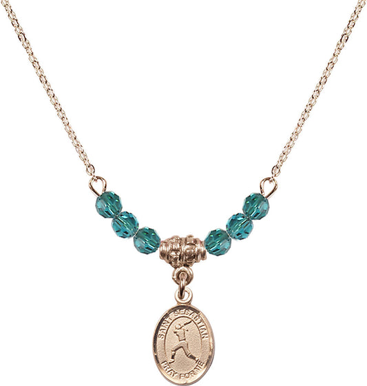 14kt Gold Filled Saint Sebastian/Softball Birthstone Necklace with Zircon Beads - 9183