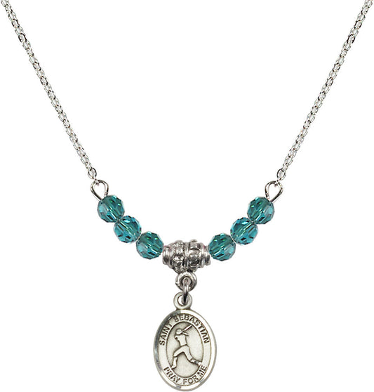Sterling Silver Saint Sebastian/Softball Birthstone Necklace with Zircon Beads - 9183