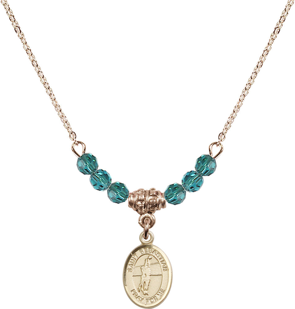 14kt Gold Filled Saint Sebastian / Volleyball Birthstone Necklace with Zircon Beads - 9186