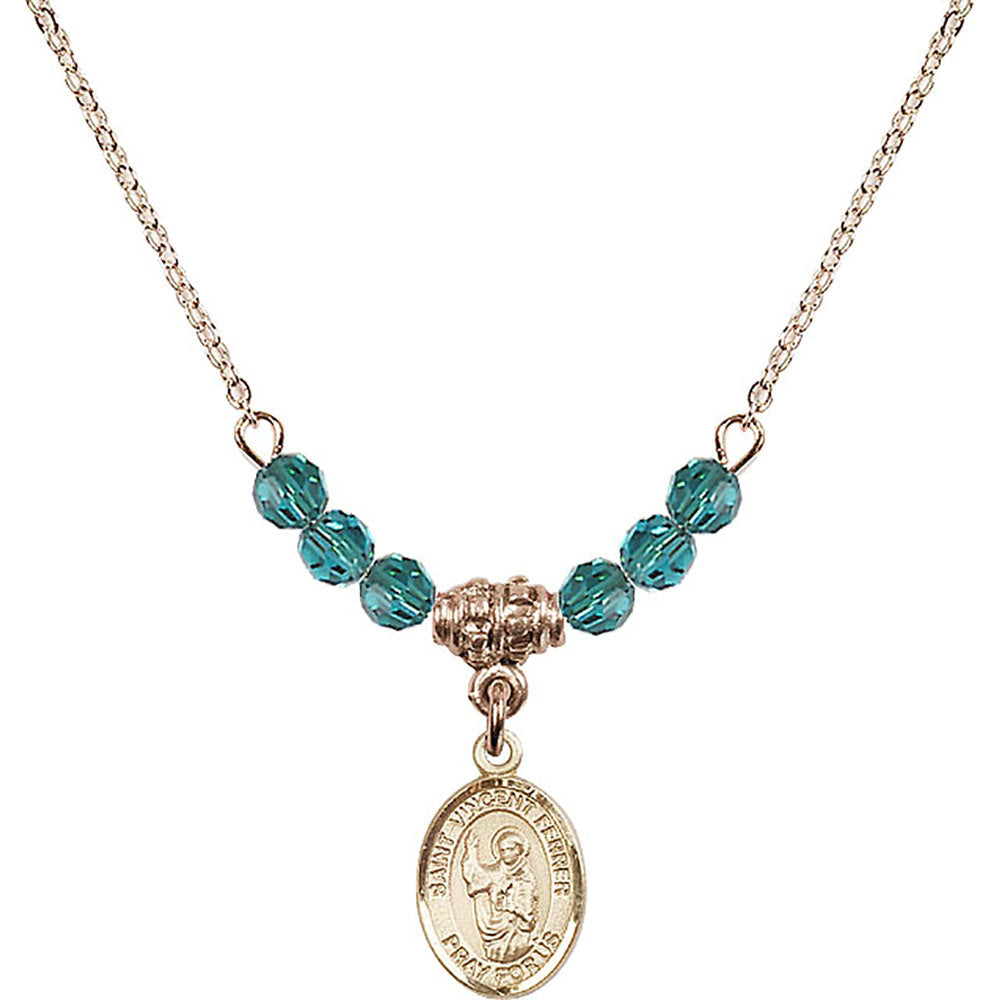 14kt Gold Filled Saint Vincent Ferrer Birthstone Necklace with Zircon Beads - 9201