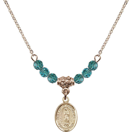 14kt Gold Filled Our Lady of Guadalupe Birthstone Necklace with Zircon Beads - 9206