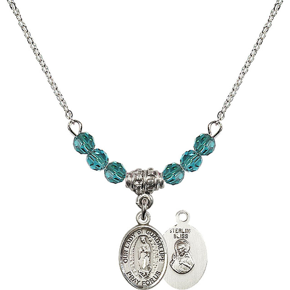 Sterling Silver Our Lady of Guadalupe Birthstone Necklace with Zircon Beads - 9206