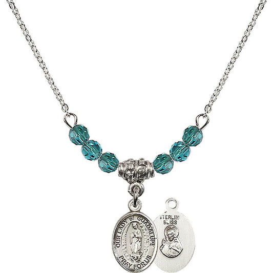 Sterling Silver Our Lady of Guadalupe Birthstone Necklace with Zircon Beads - 9206