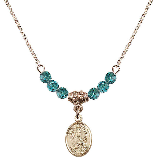 14kt Gold Filled Saint Therese of Lisieux Birthstone Necklace with Zircon Beads - 9210