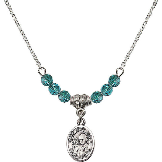 Sterling Silver Saint John Paul II Birthstone Necklace with Zircon Beads - 9234