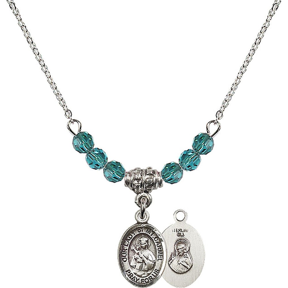Sterling Silver Our Lady of Mount Carmel Birthstone Necklace with Zircon Beads - 9243
