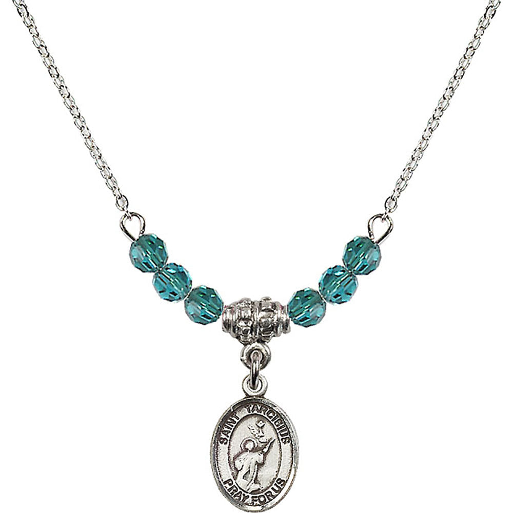 Sterling Silver Saint Tarcisius Birthstone Necklace with Zircon Beads - 9261