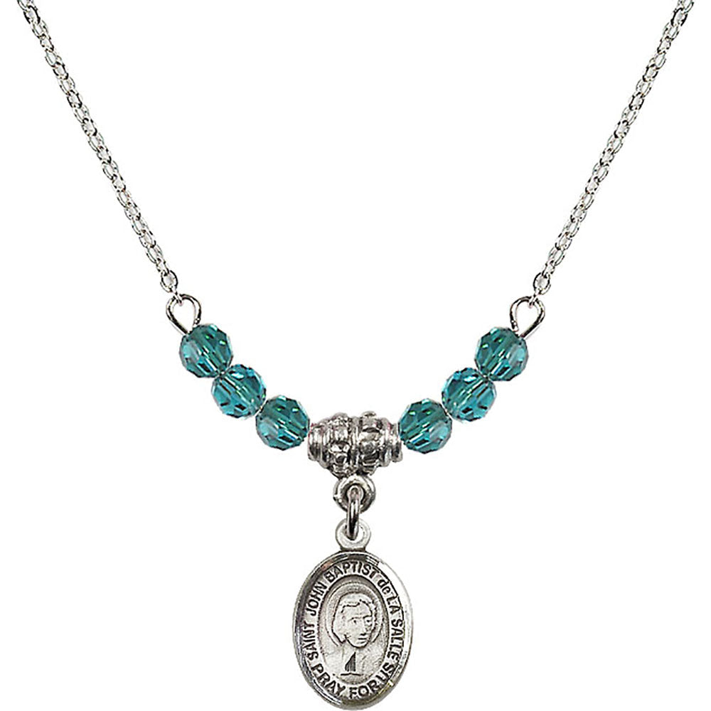 Sterling Silver Saint John Baptist de la Salle Birthstone Necklace with Zircon Beads - 9262