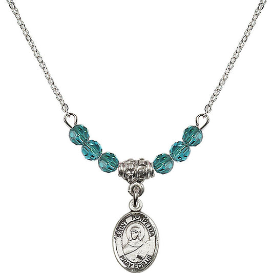 Sterling Silver Saint Perpetua Birthstone Necklace with Zircon Beads - 9272