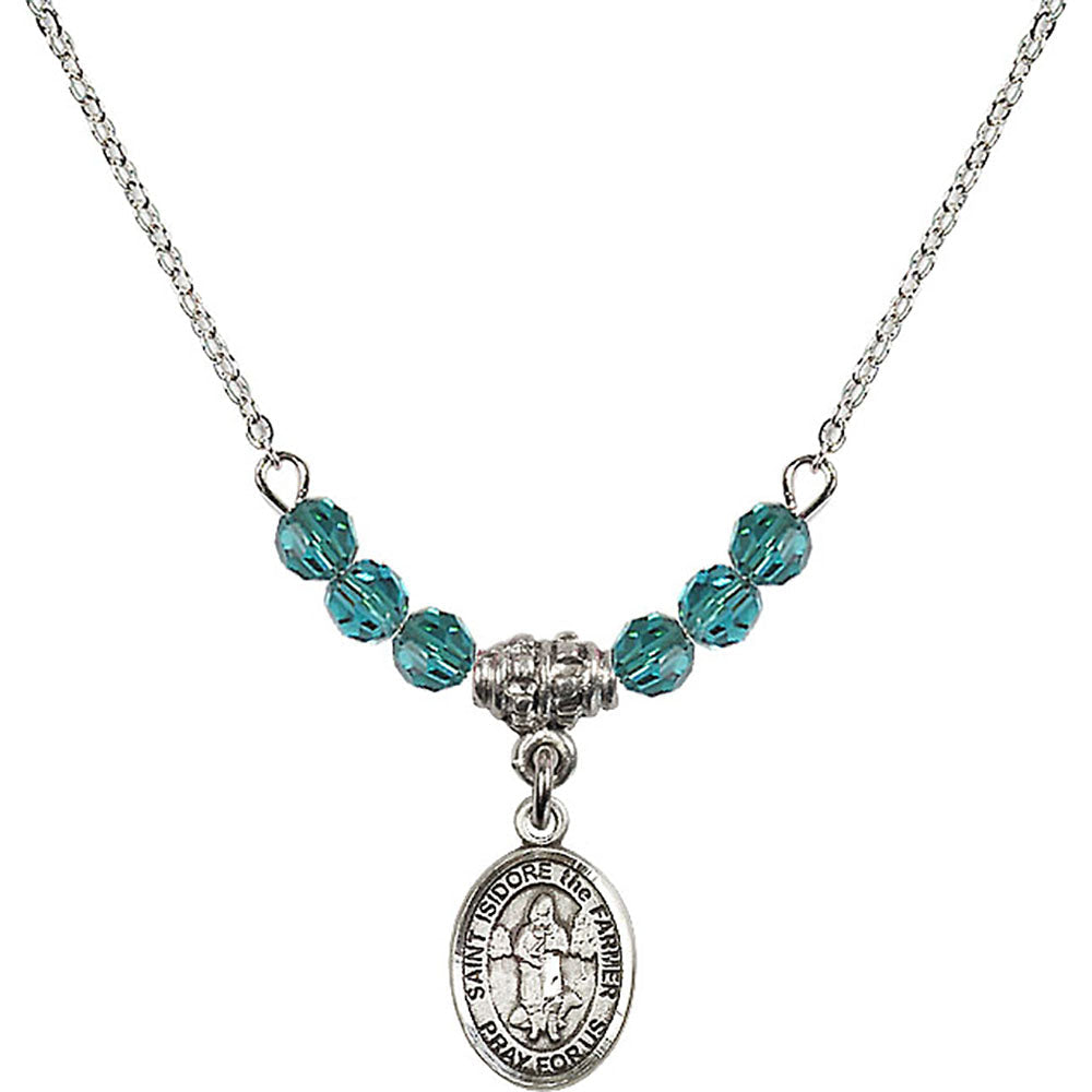 Sterling Silver Saint Isidore the Farmer Birthstone Necklace with Zircon Beads - 9276