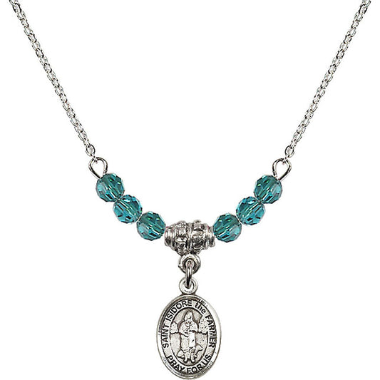 Sterling Silver Saint Isidore the Farmer Birthstone Necklace with Zircon Beads - 9276
