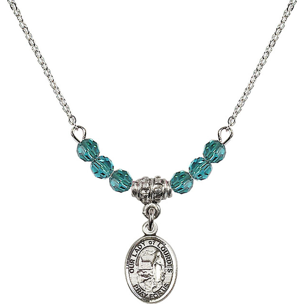 Sterling Silver Our Lady of Lourdes Birthstone Necklace with Zircon Beads - 9288