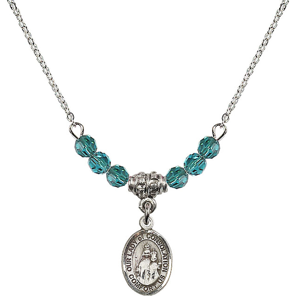 Sterling Silver Our Lady of Consolation Birthstone Necklace with Zircon Beads - 9292