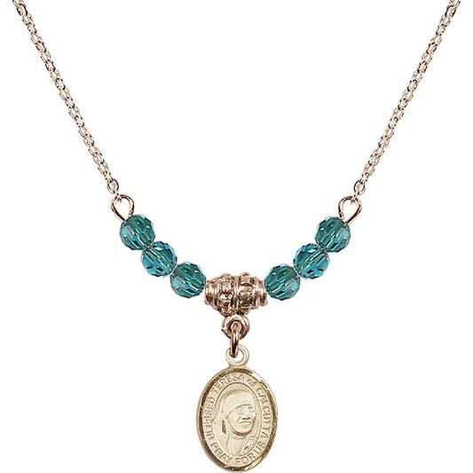 14kt Gold Filled Saint Teresa of Calcutta Birthstone Necklace with Zircon Beads - 9295