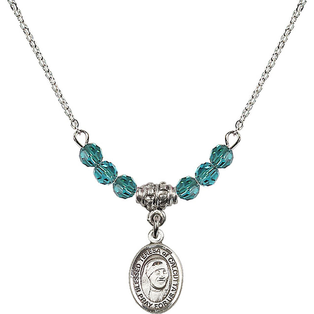 Sterling Silver Saint Teresa of Calcutta Birthstone Necklace with Zircon Beads - 9295