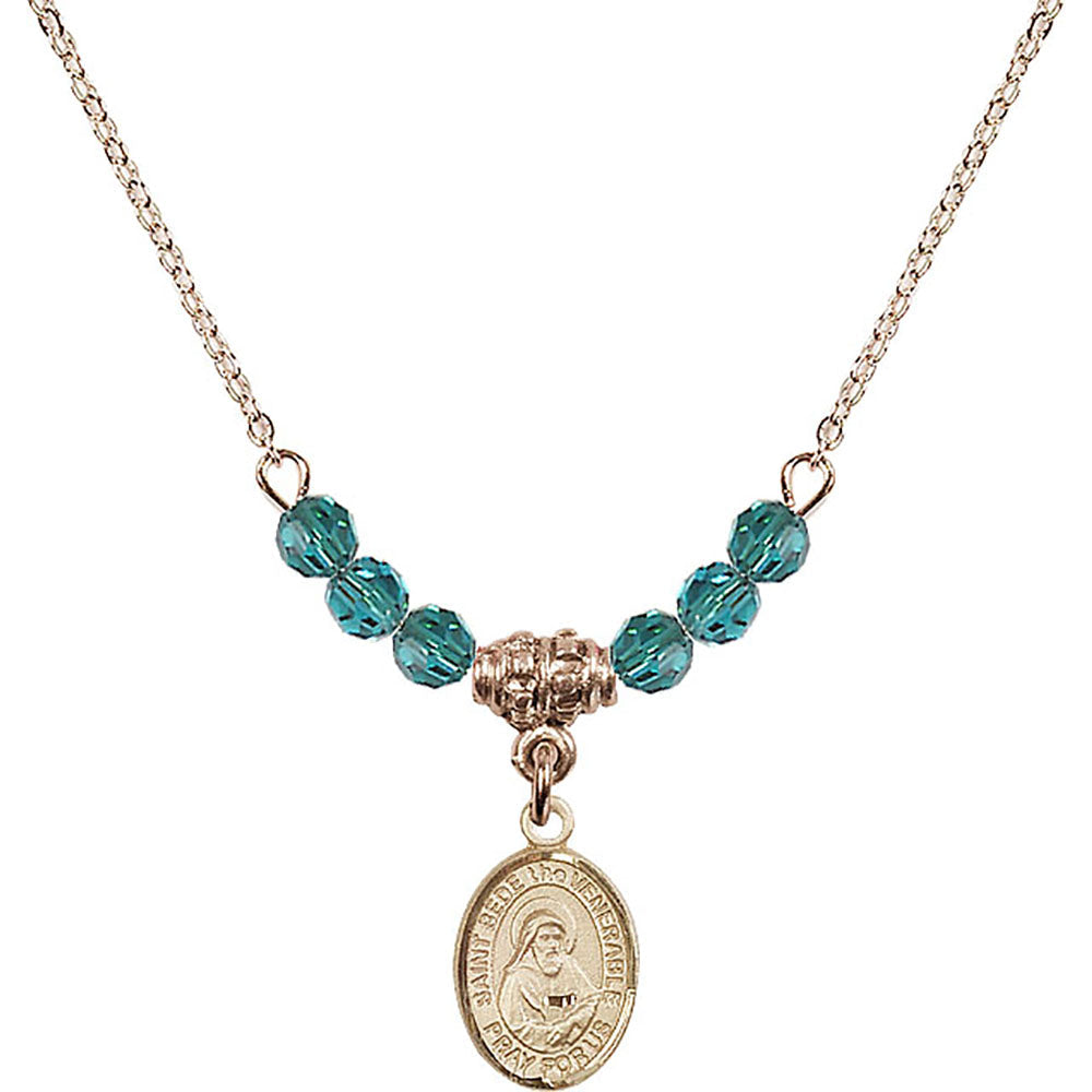 14kt Gold Filled Saint Bede the Venerable Birthstone Necklace with Zircon Beads - 9302