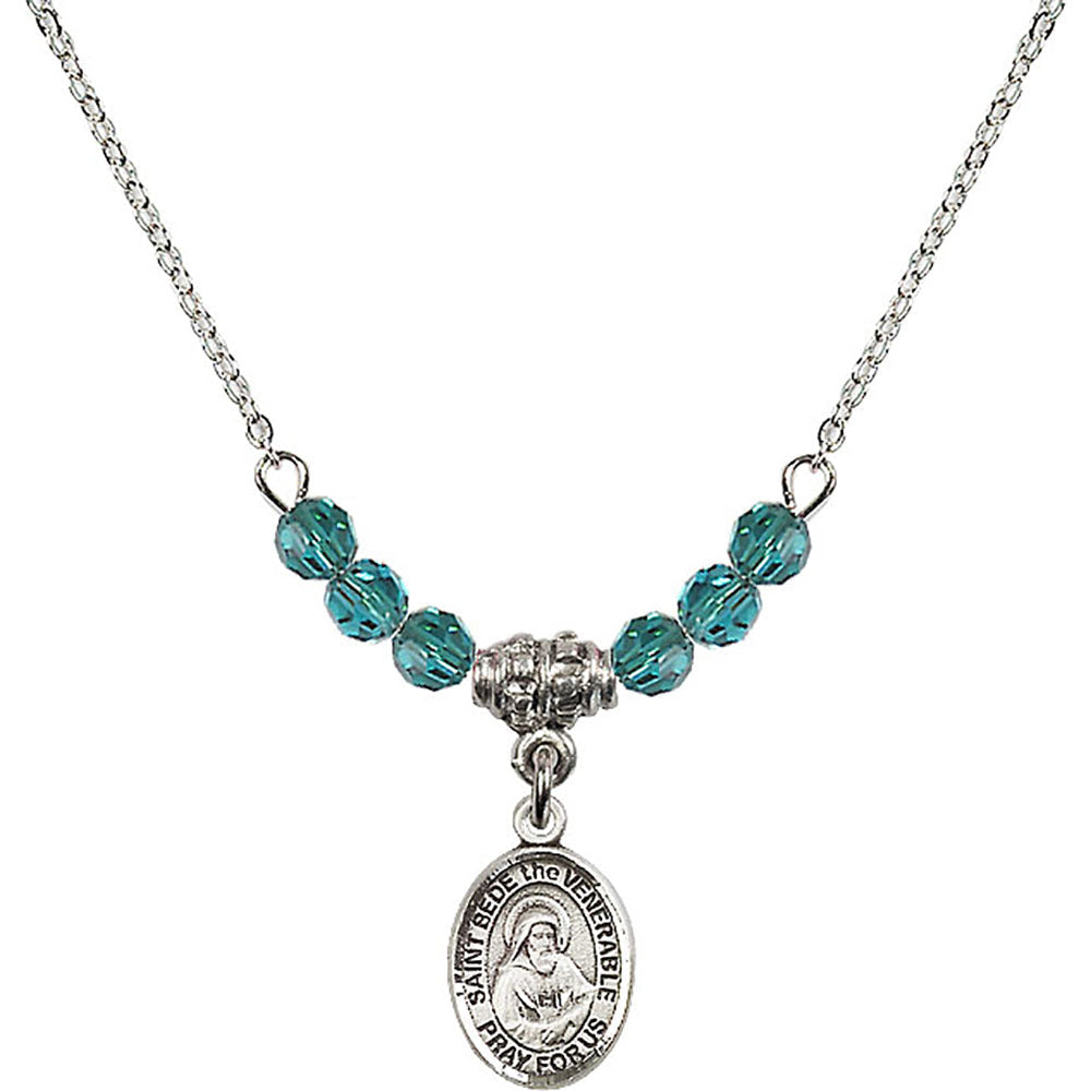 Sterling Silver Saint Bede the Venerable Birthstone Necklace with Zircon Beads - 9302