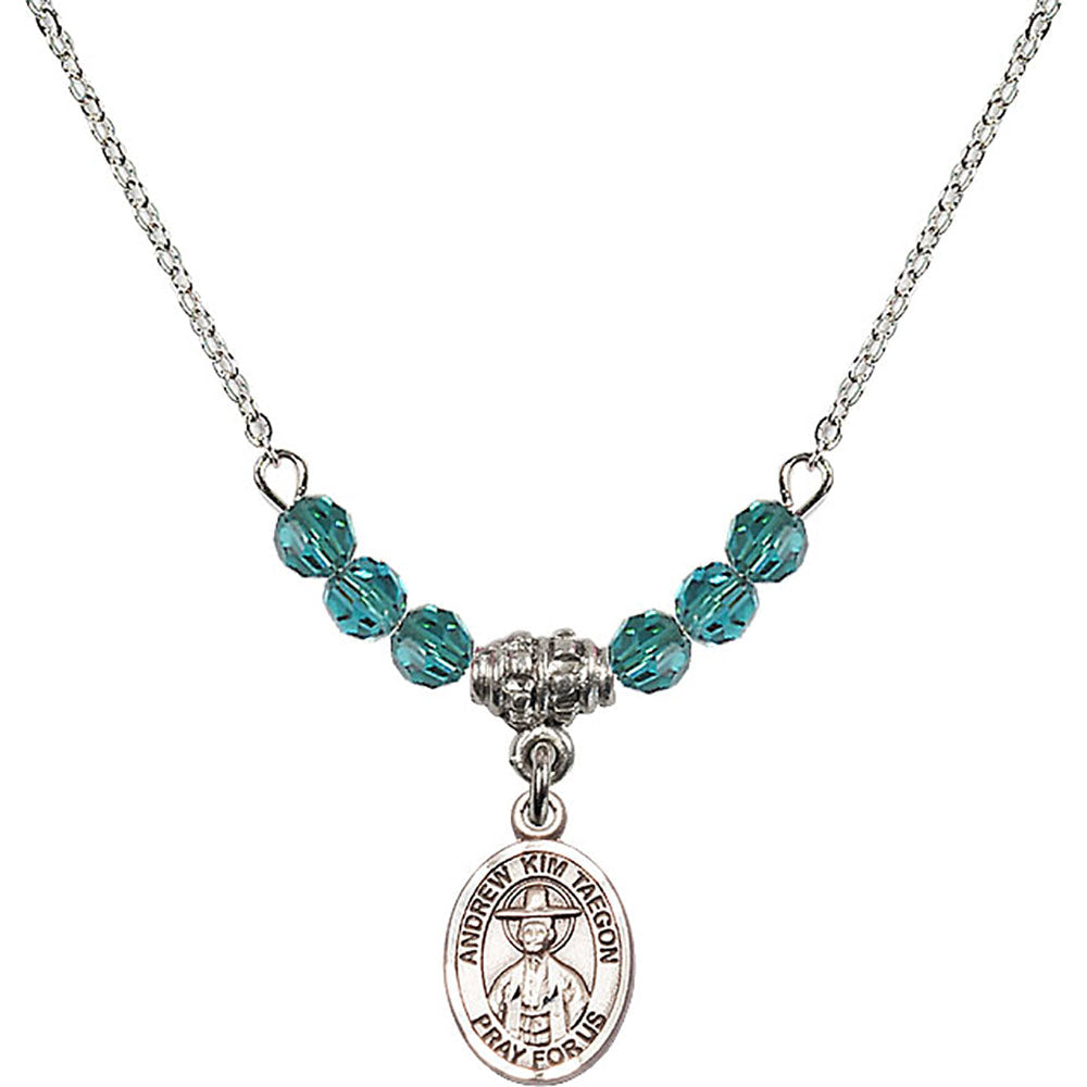 Sterling Silver Saint Andrew Kim Taegon Birthstone Necklace with Zircon Beads - 9373