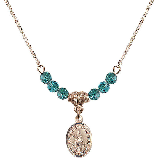 14kt Gold Filled Our Lady of Assumption Birthstone Necklace with Zircon Beads - 9388