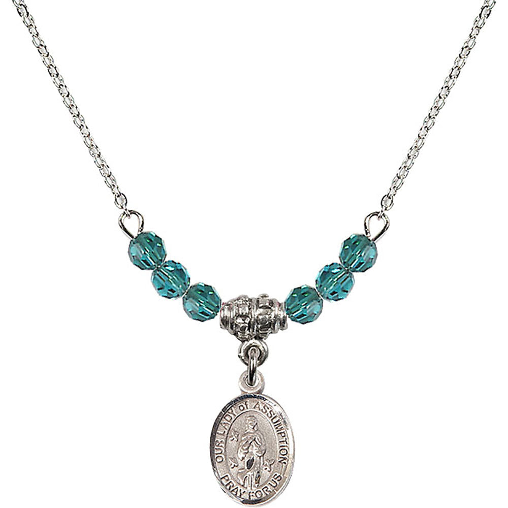 Sterling Silver Our Lady of Assumption Birthstone Necklace with Zircon Beads - 9388