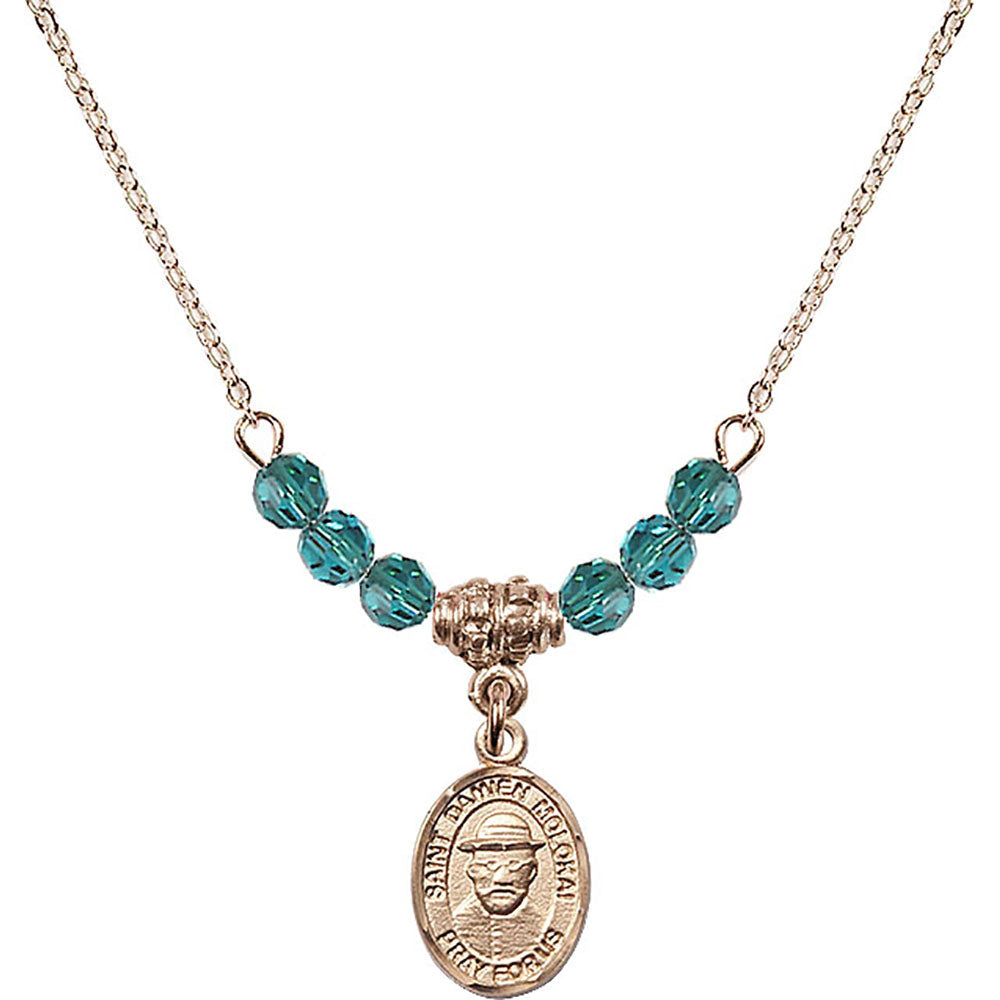 14kt Gold Filled Saint Damien of Molokai Birthstone Necklace with Zircon Beads - 9412