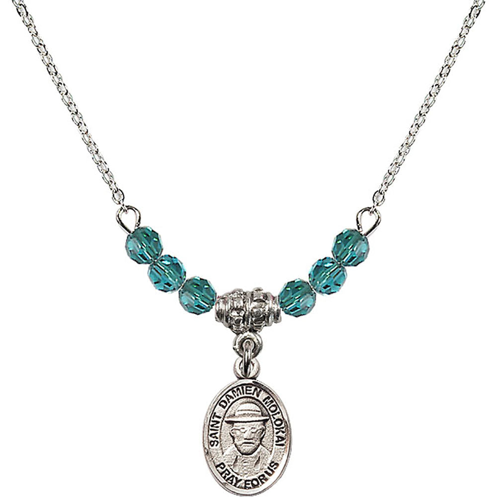 Sterling Silver Saint Damien of Molokai Birthstone Necklace with Zircon Beads - 9412