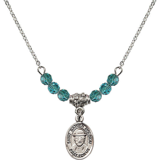 Sterling Silver Saint Damien of Molokai Birthstone Necklace with Zircon Beads - 9412