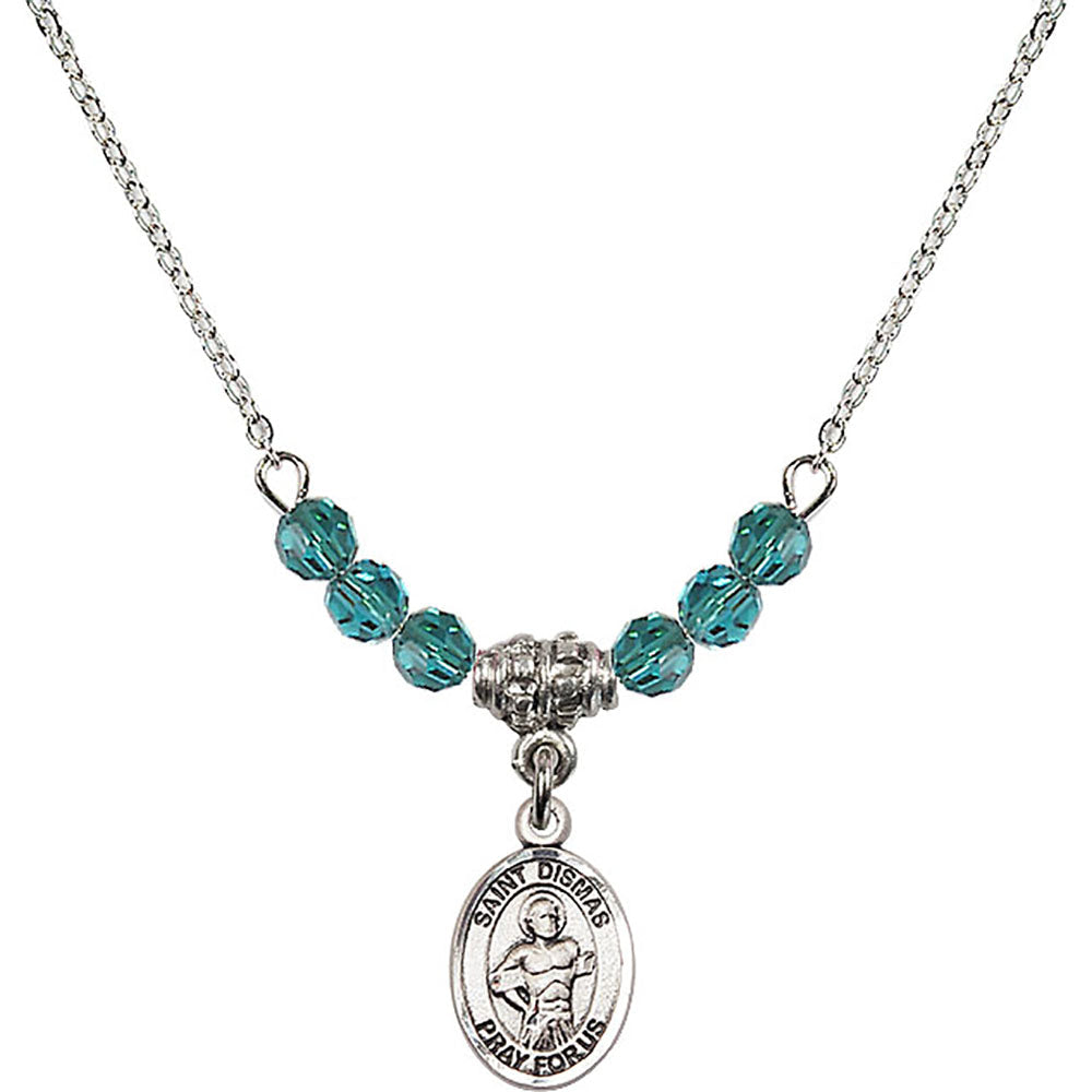 Sterling Silver Saint Dismas Birthstone Necklace with Zircon Beads - 9418