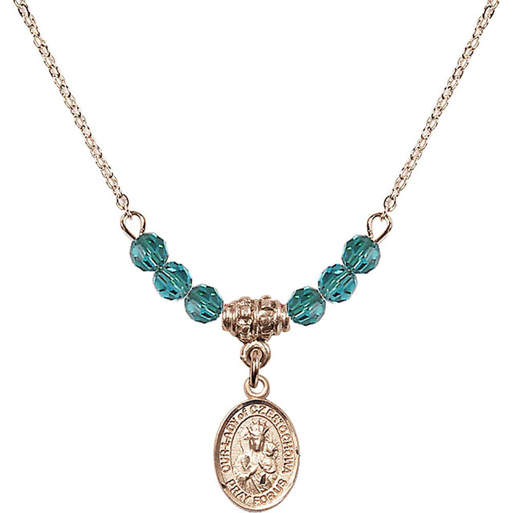 14kt Gold Filled Our Lady of Czestochowa Birthstone Necklace with Zircon Beads - 9421