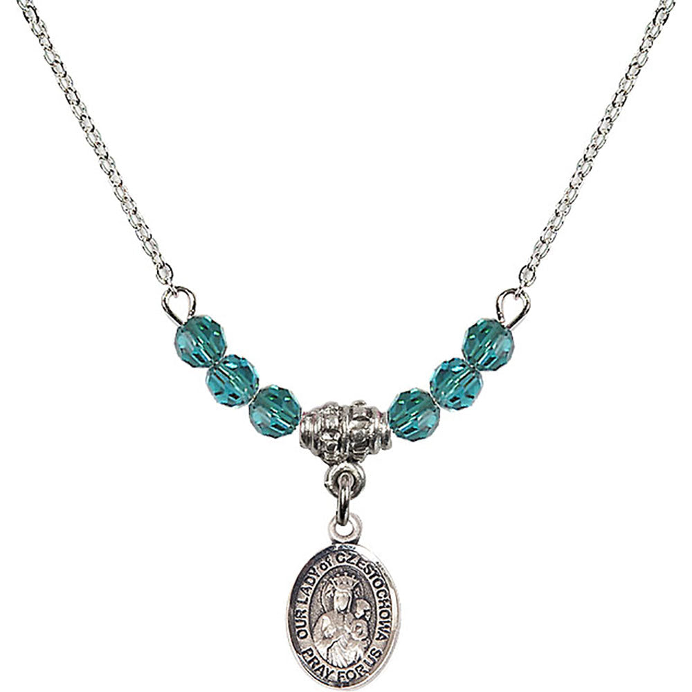 Sterling Silver Our Lady of Czestochowa Birthstone Necklace with Zircon Beads - 9421