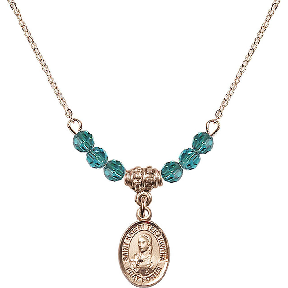 14kt Gold Filled Saint Kateri Tekakwitha Birthstone Necklace with Zircon Beads - 9438