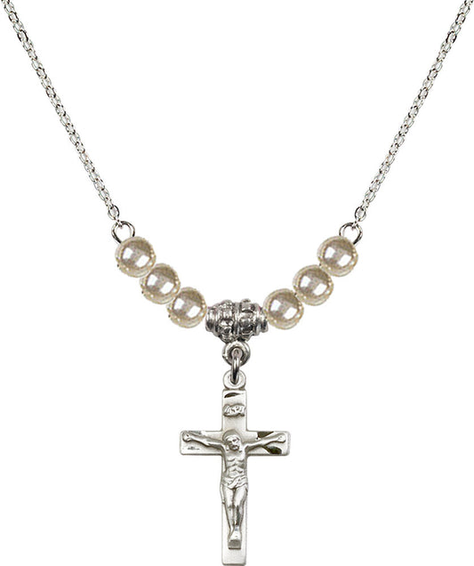 Sterling Silver Crucifix Birthstone Necklace with Faux-Pearl Beads - 0001