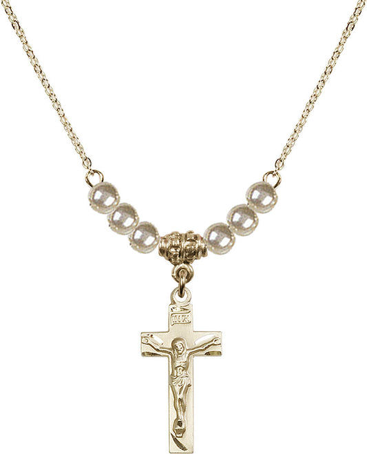 14kt Gold Filled Crucifix Birthstone Necklace with Faux-Pearl Beads - 0006