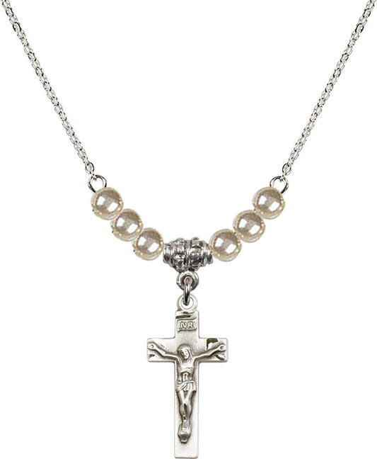 Sterling Silver Crucifix Birthstone Necklace with Faux-Pearl Beads - 0006