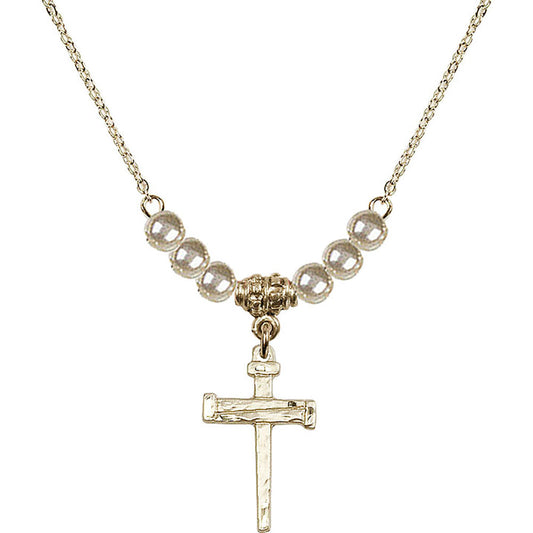 14kt Gold Filled Nail Cross Birthstone Necklace with Faux-Pearl Beads - 0012