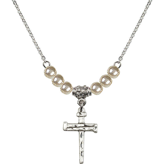 Sterling Silver Nail Cross Birthstone Necklace with Faux-Pearl Beads - 0012