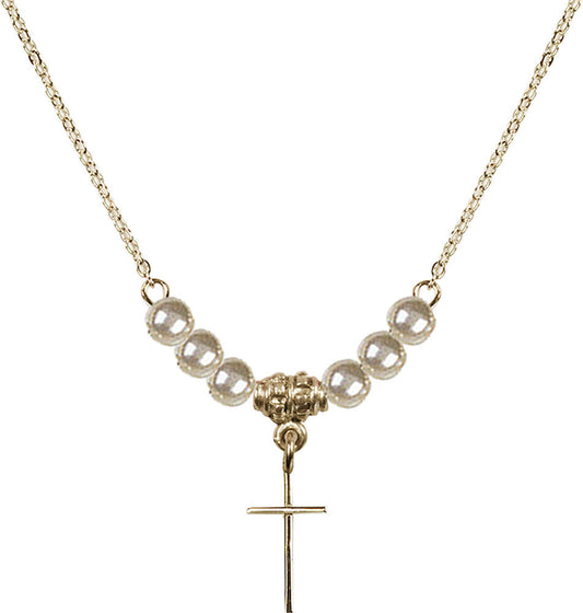 14kt Gold Filled Cross Birthstone Necklace with Faux-Pearl Beads - 0014