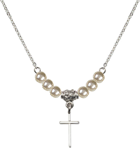 Sterling Silver Cross Birthstone Necklace with Faux-Pearl Beads - 0014