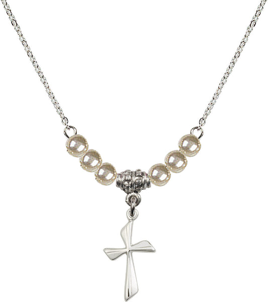 Sterling Silver Cross Birthstone Necklace with Faux-Pearl Beads - 0016