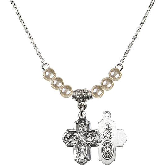 Sterling Silver 4-Way Birthstone Necklace with Faux-Pearl Beads - 0047